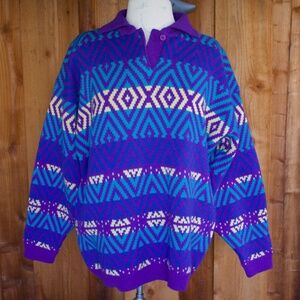Vintage 80's Brass Plum Nordstrom 100% Wool Knitted Neon Diamond Sweater Size L